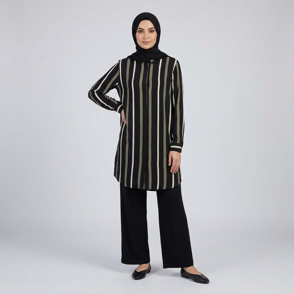 Modest Black and Green Strips Print Tunic Set