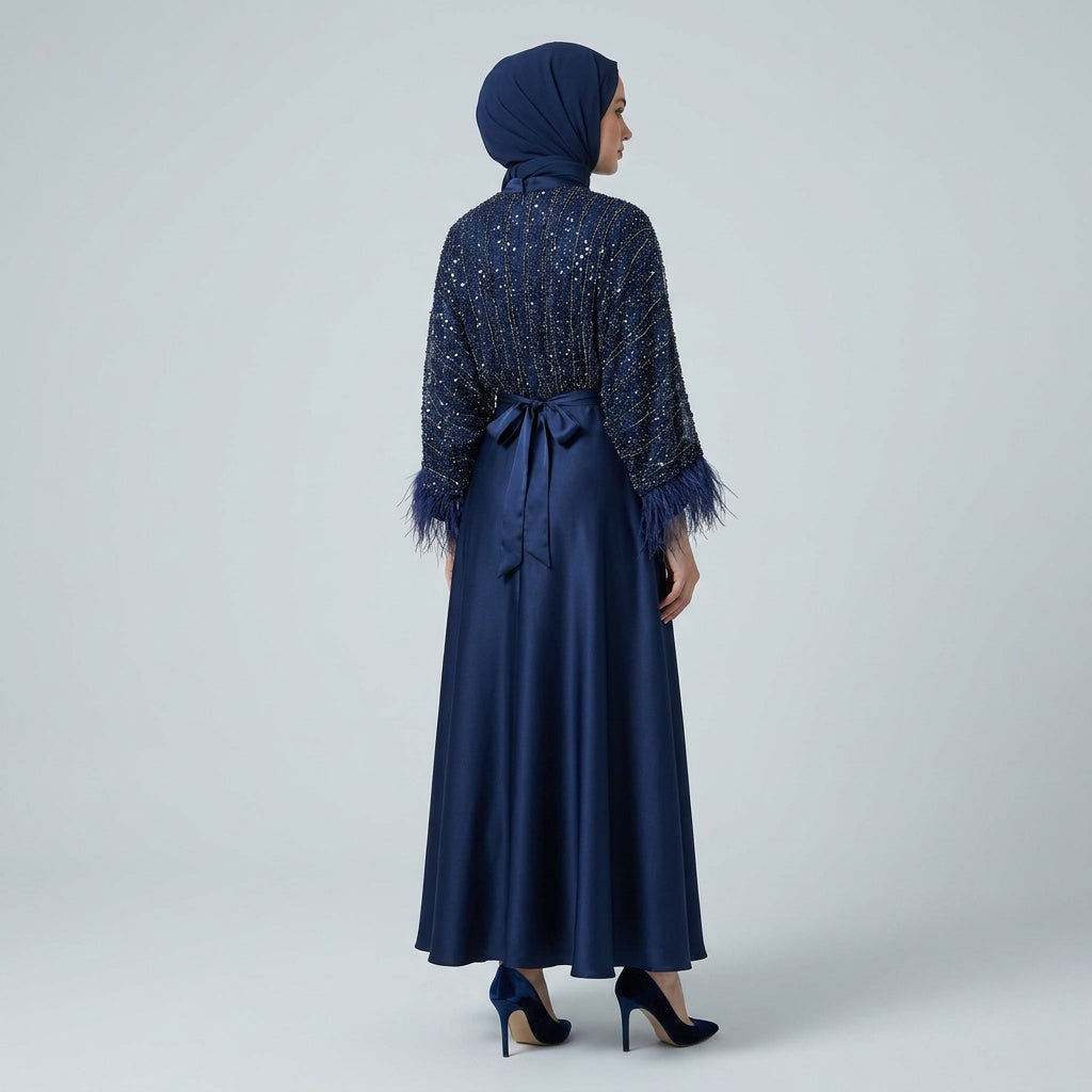 Modest Navy Embellished Evening Gown with Feather Cuffs