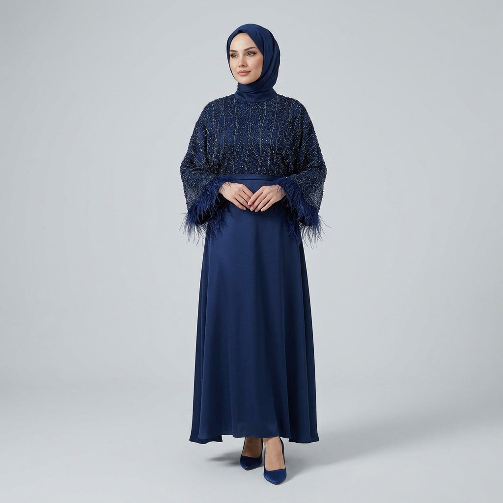 Modest Navy Embellished Evening Gown with Feather Cuffs