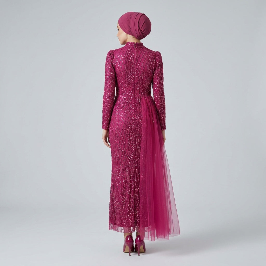 Modest Embellished Evening Gown with Detachable Tulle Overskirt