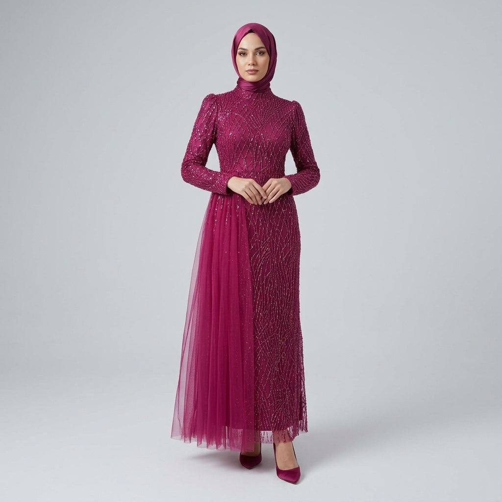 Modest Embellished Evening Gown with Detachable Tulle Overskirt