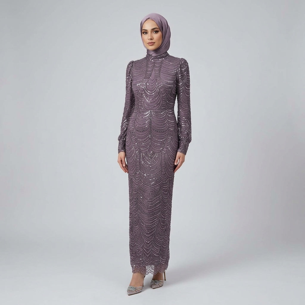 Luxury Beaded High-Neck Modest Evening Gown