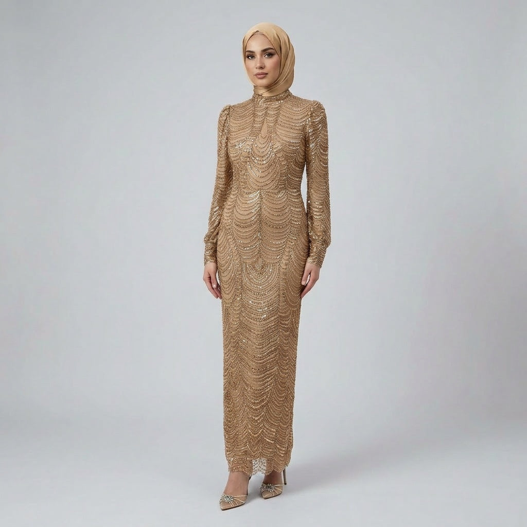 Luxury Beaded High-Neck Modest Evening Gown