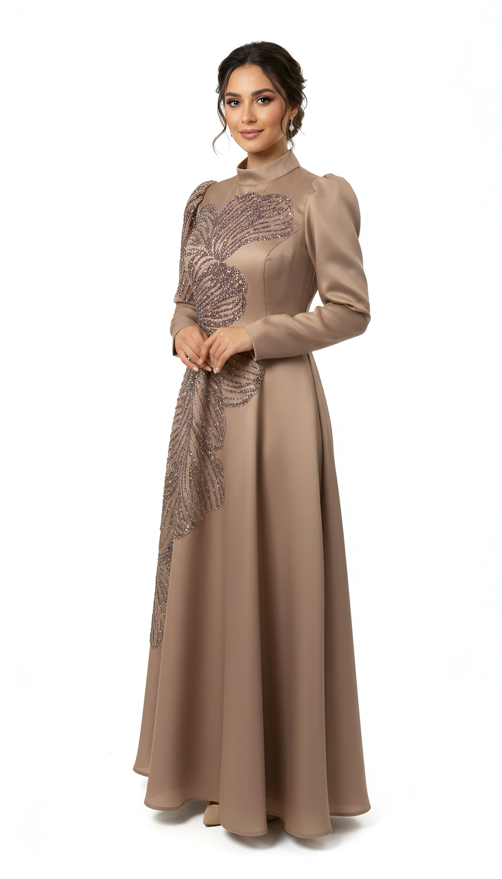 Floral Sequin Embellished Satin Gown