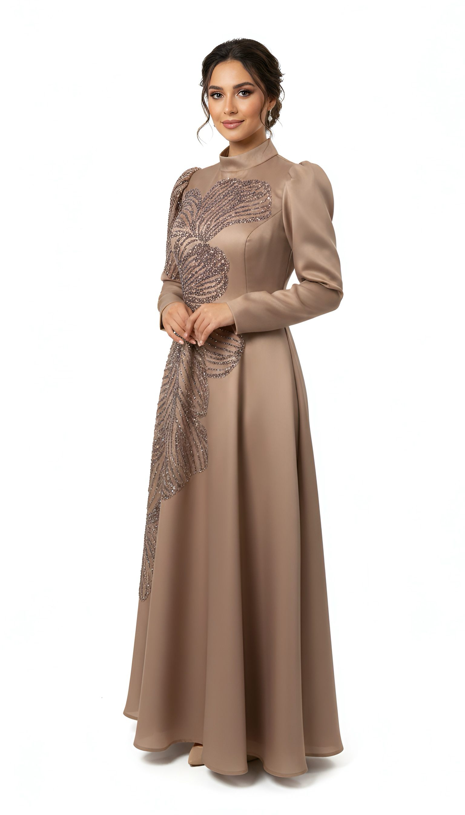 Floral Sequin Embellished Satin Gown