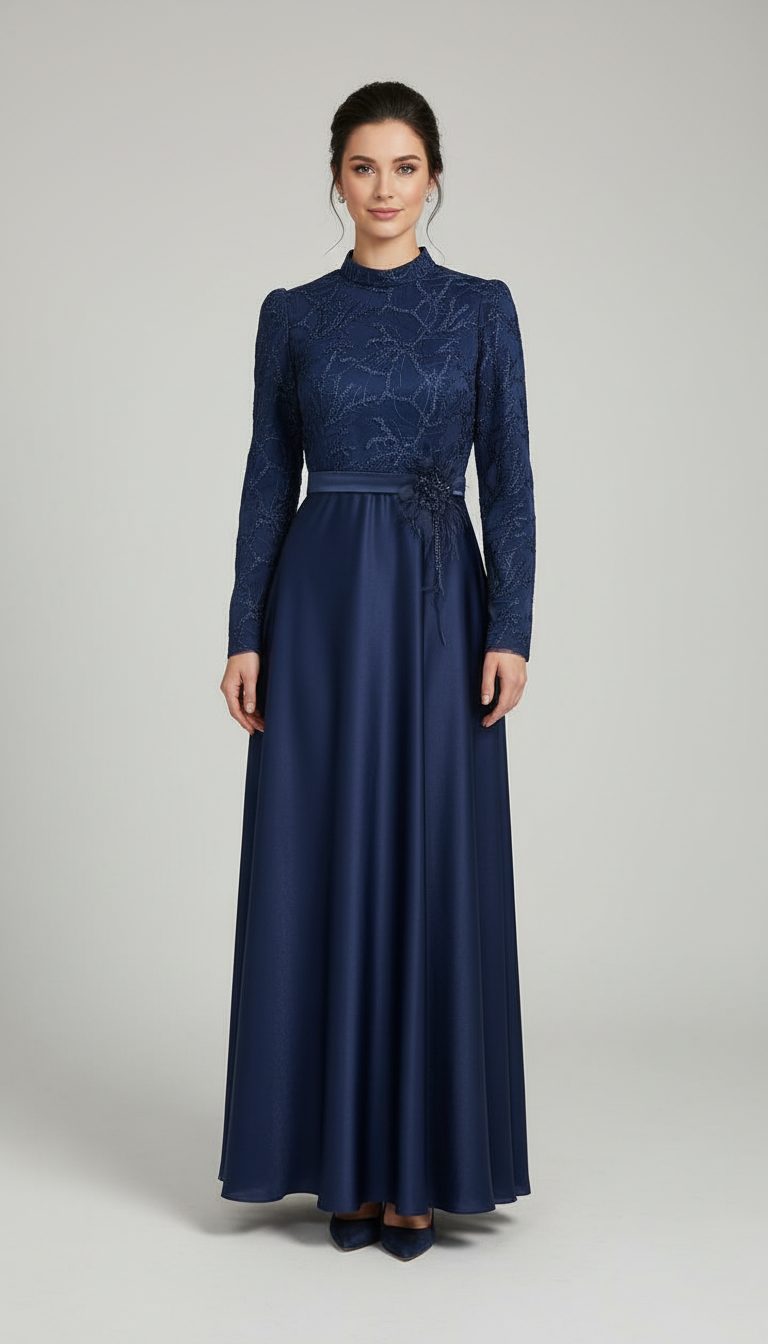 Embroidered Lace Waist-Detail Gown