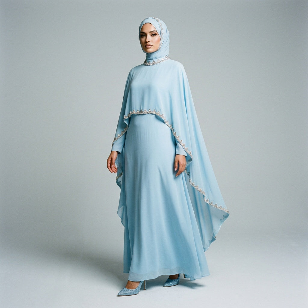 Celestial Blue Embellished Cape Dress