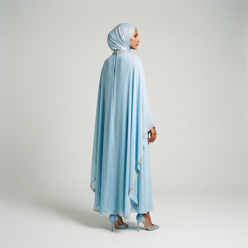 Celestial Blue Embellished Cape Dress
