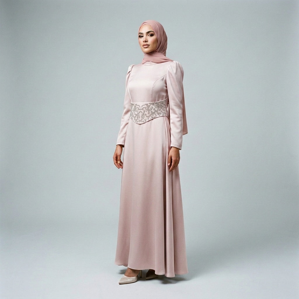 Elara Blush & Beige Embellished Maxi Dress