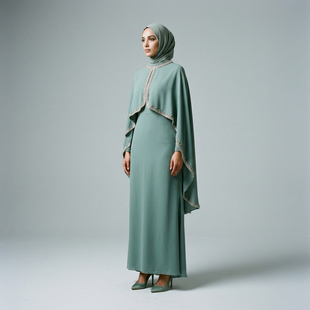 Sage Pearl Cape Maxi Dress