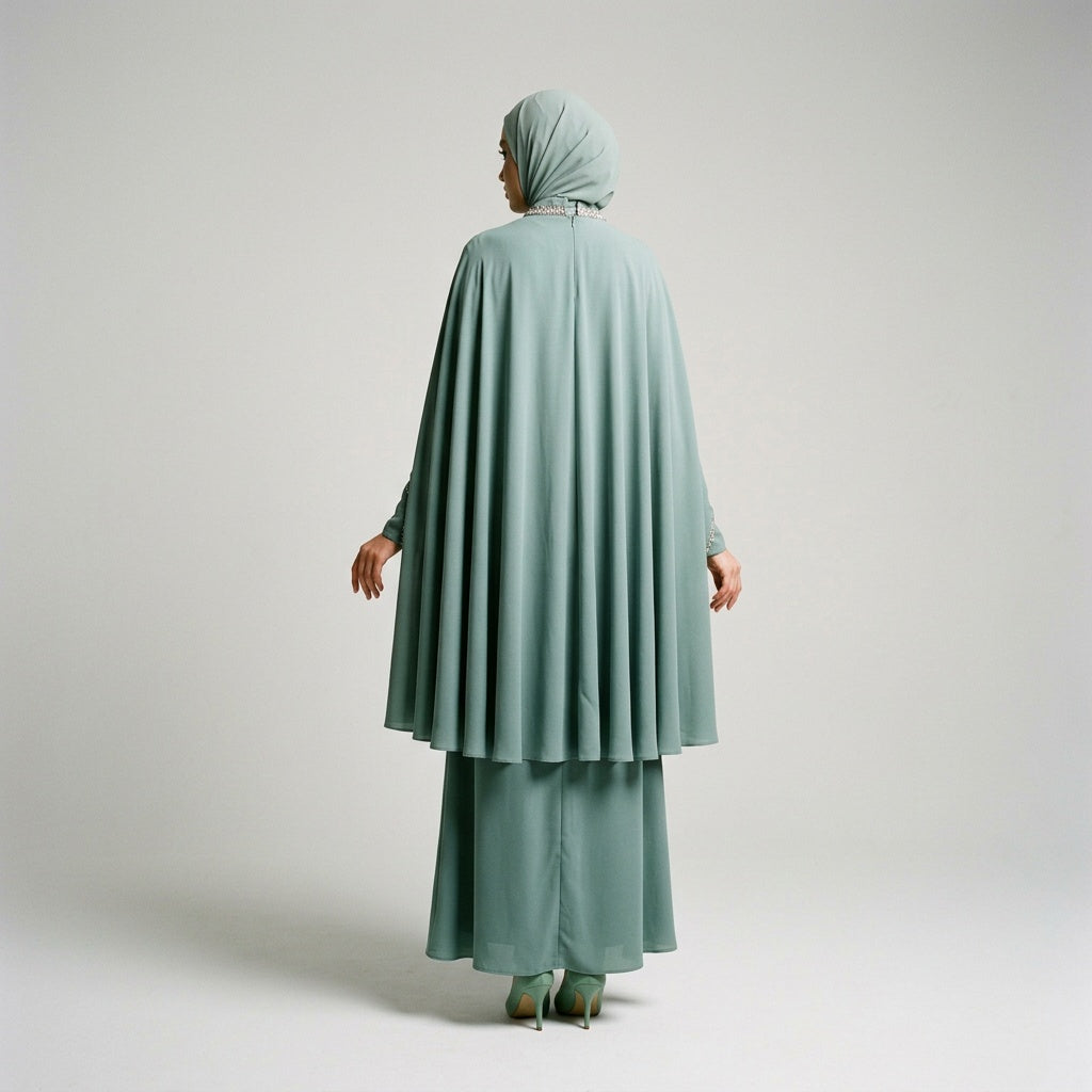 Sage Pearl Cape Maxi Dress