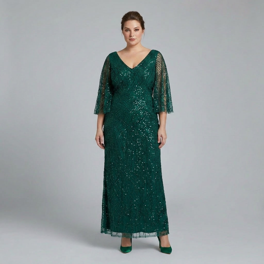 Emerald Green Embellished Plus Size Evening Gown