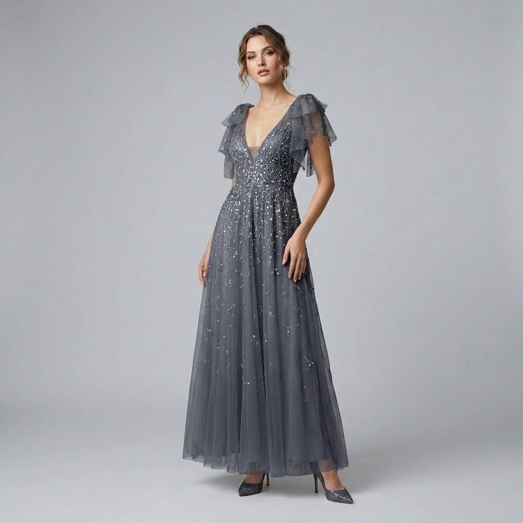 Glitter Tulle Evening Gown Dress